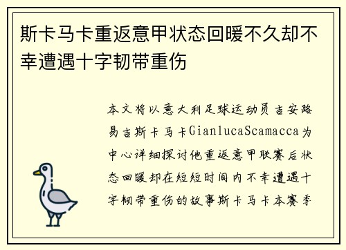 斯卡马卡重返意甲状态回暖不久却不幸遭遇十字韧带重伤 斯卡马卡重返意甲状态回暖不久却不幸遭遇十字韧带重伤