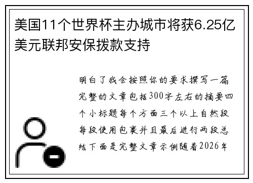 美国11个世界杯主办城市将获6.25亿美元联邦安保拨款支持 美国11个世界杯主办城市将获6.25亿美元联邦安保拨款支持