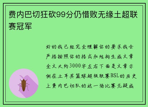 费内巴切狂砍99分仍惜败无缘土超联赛冠军